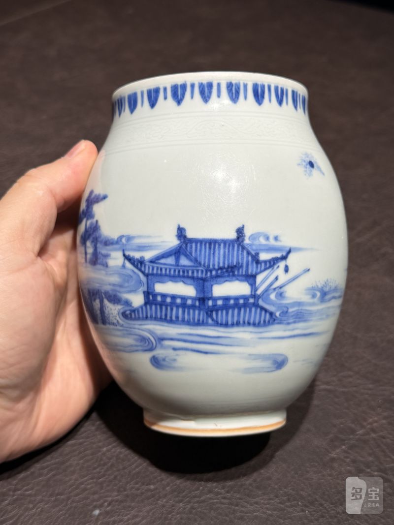 明崇祯 青花“海屋添筹”图莲子罐 - 图13